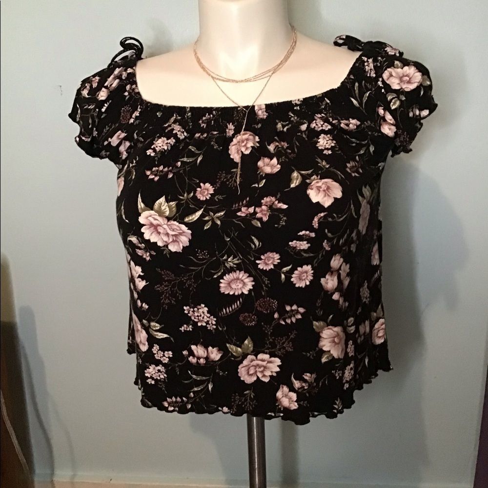 TIE shoulder black purple white crop‎ top S